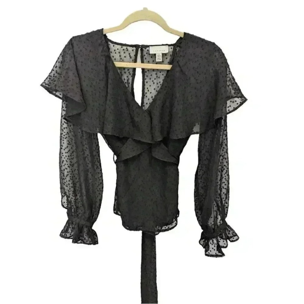 Topshop Womens Long Sleeve Keyhole Neck Sheer Tie Blouse Black Size 4
